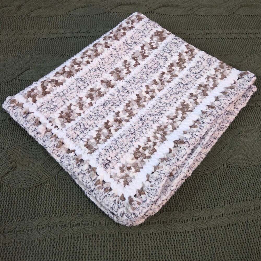Handmade Knit Baby Blanket Fuzzy White Brown Blue Striped